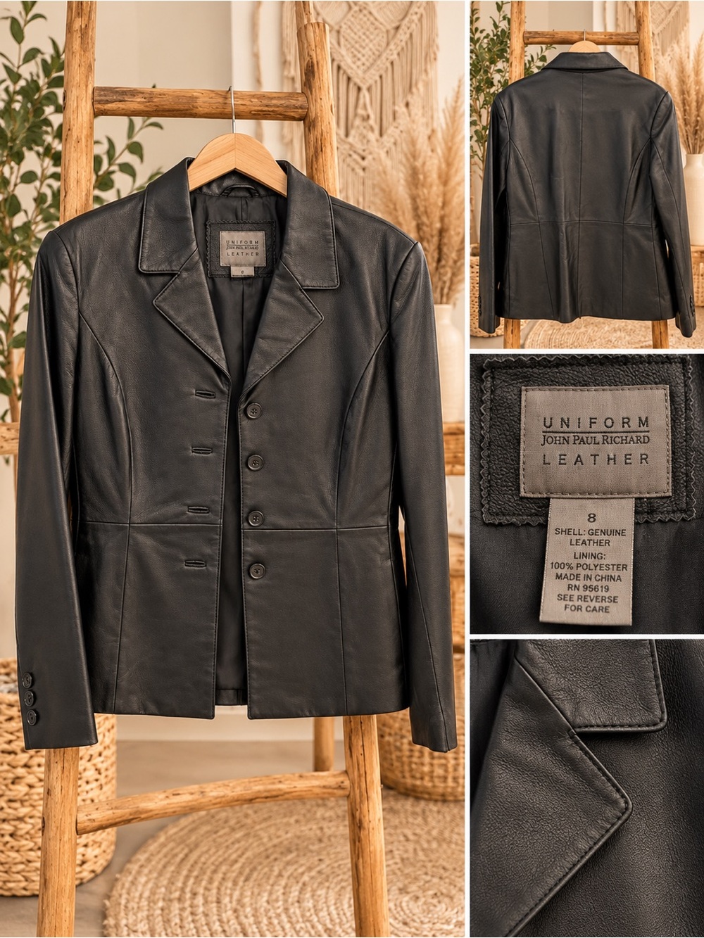 JohnPaulRichard Black Leather Tailored Women's Blazer Jacket Size 8